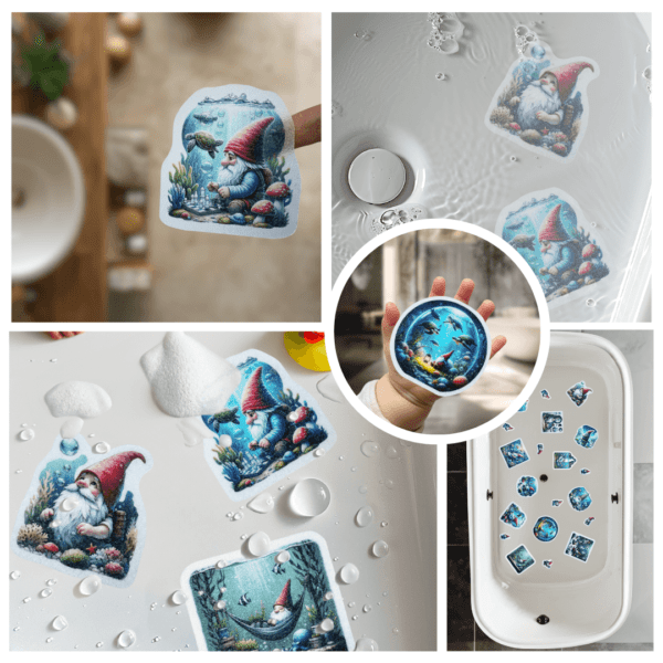 Adorable gnome stickers for anti-slip bathtub use.