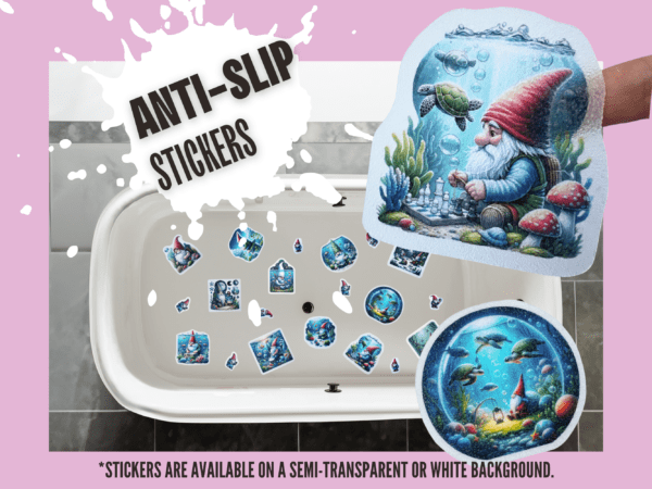 Adorable gnome stickers for anti-slip bathtub use.