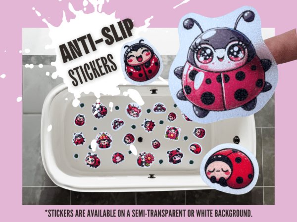 Cute Kawaii-themed stickers for added bathroom safety.