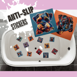 Bright pop art dog decals for bathtub safety.