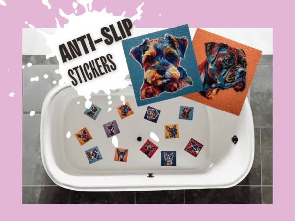 Bright pop art dog decals for bathtub safety.