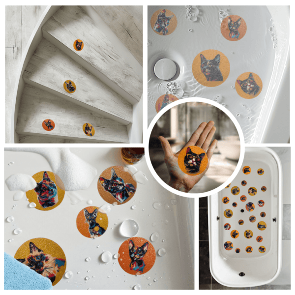 Colorful pop art cat stickers for bathroom floors.