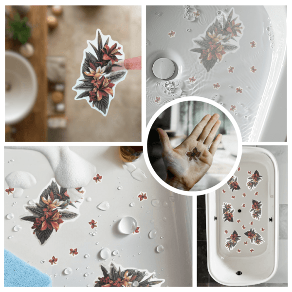 Anti-slip floral sticker for bathtubs and showers.