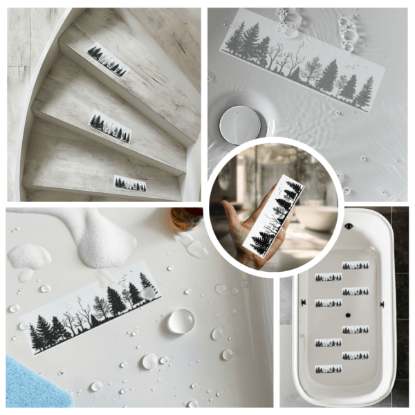 Elegant forest silhouette stickers for slip prevention.