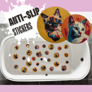 Colorful pop art cat stickers for bathroom floors.