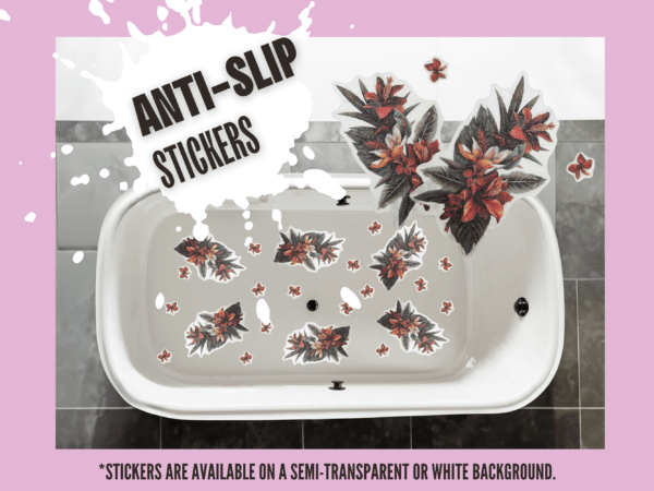 Anti-slip floral sticker for bathtubs and showers.